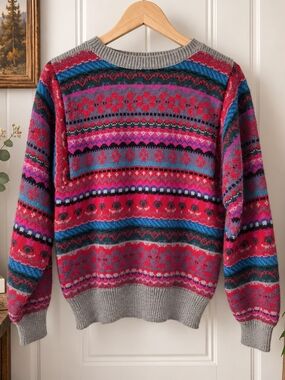 Fair Isle Nordic Floral Knit Sweater Colorful Possibly Handmade